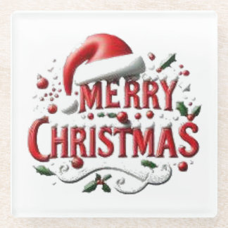 Merry Christmas Santa Hat Glass Coaster