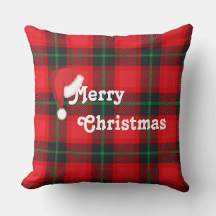 Merry Christmas Santa hat Plaid Tartan Pattern Throw Pillow