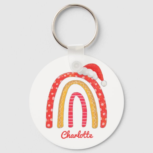 Merry Christmas Santa Hat Rainbow Personalized Keychain (Front)