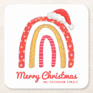 Merry Christmas Santa Hat Rainbow Personalized Square Paper Coaster