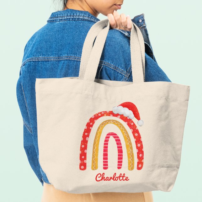 Merry Christmas Santa Hat Rainbow Personalized Tot Large Tote Bag (Creator Uploaded)