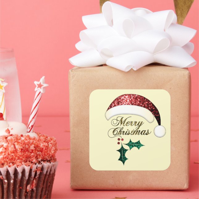 Merry Christmas Santa hat Red Gold Green Sparkles Square Sticker (Party)