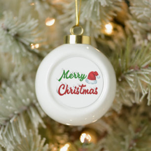 Merry Christmas Santa Hat red green script Ceramic Ball Christmas Ornament