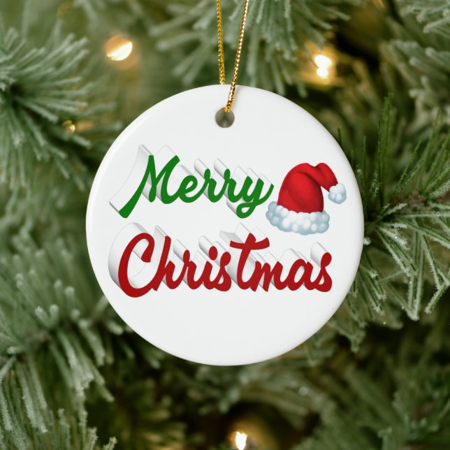 Merry Christmas Santa Hat red green script Ceramic Ornament (Tree)
