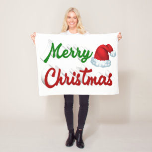 Merry Christmas Santa Hat red green script Fleece Blanket