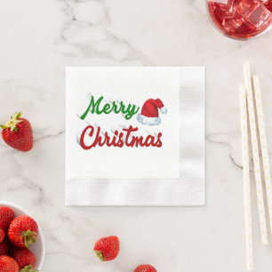 Merry Christmas Santa Hat red green script Napkin