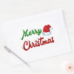Merry Christmas Santa Hat red green script Oval Sticker