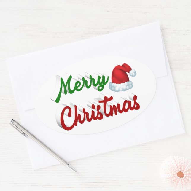 Merry Christmas Santa Hat red green script Oval Sticker (Envelope)