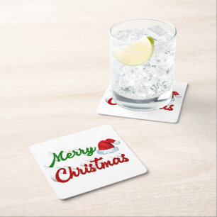 Merry Christmas Santa Hat red green script  Square Paper Coaster