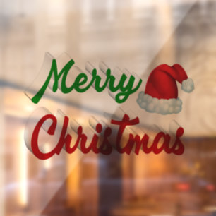 Merry Christmas Santa Hat red green script Window Cling