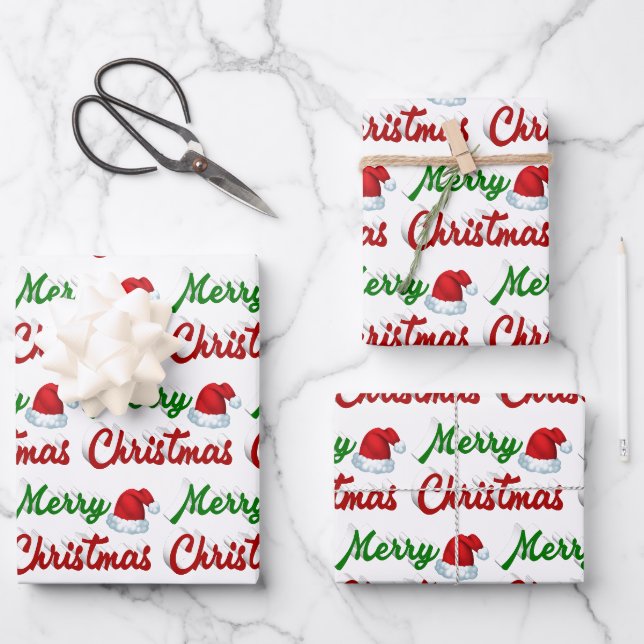 Merry Christmas Santa Hat red green script Wrapping Paper Sheet (Front)