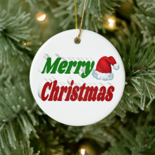 Merry Christmas Santa Hat red green typography Ceramic Ornament