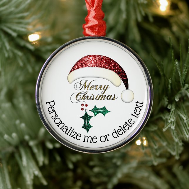 Merry Christmas Santa hat Sparkles Custom text Metal Ornament (Tree)