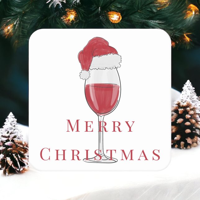 Merry Christmas Santa Hat Wine Glass Holiday Party Square Paper Coaster (Creator Uploaded)