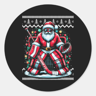 Merry Christmas Santa Hockey Goalie Ugly Christmas Classic Round Sticker