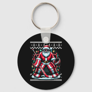 Merry Christmas Santa Hockey Goalie Ugly Christmas Keychain