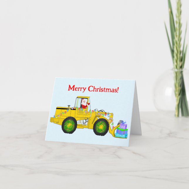 Merry Christmas Santa In Bulldozer Delivering Gift Card (Front)