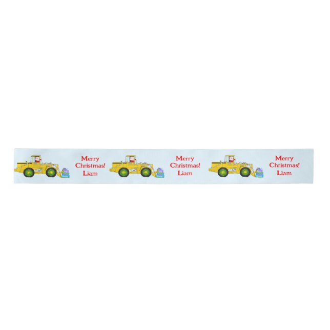 Merry Christmas Santa In Bulldozer Delivering Gift Satin Ribbon (Front)