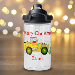 Merry Christmas Santa In Bulldozer Delivering Gift Water Bottle