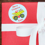 Merry Christmas Santa In Dump With Elf, Rudolph Classic Round Sticker<br><div class="desc">Delightful Christmas sticker: Santa,  Elf,  and Rudolph in a dump truck overflowing with gifts,  spreading cheer with candy canes. Perfect for dump truck-loving kids. Make their holidays memorable!</div>