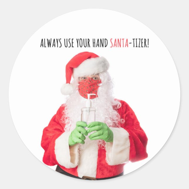 Merry Christmas Santa in Face Mask Sanitizer 2020 Classic Round Sticker (Front)