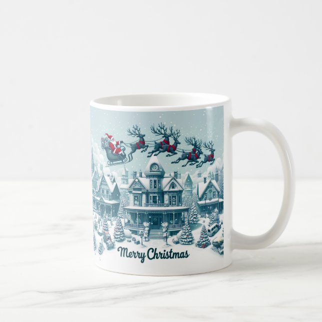 Merry Christmas Santa on His Sleigh Blue White Coffee Mug (Right)