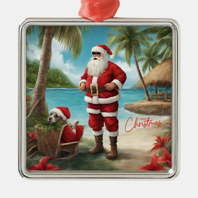 Merry Christmas Santa on Tropical Island  Metal Ornament (Front)