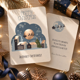 Merry Christmas Santa Over Village Rose Gold Foil Holiday Card