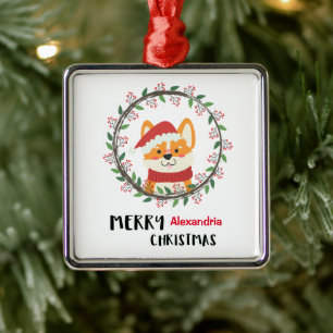Merry Christmas Santa Puppy Personalize Metal Ornament