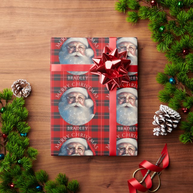 Merry Christmas Santa Red Plaid Personalized Name Wrapping Paper (Holiday Gift)