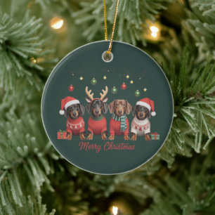 Merry Christmas Santa Reindeer Dachshund Weiner  Ceramic Ornament