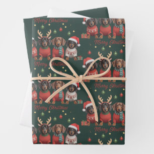 Merry Christmas Santa Reindeer Dachshund Weiner  Wrapping Paper Sheet