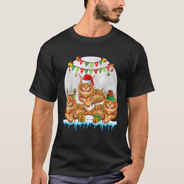 Merry Christmas Santa Reindeer Elf Maine Coon Cats T-Shirt (Front)
