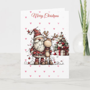 Merry Christmas Santa Reindeer pink hearts gre Holiday Card