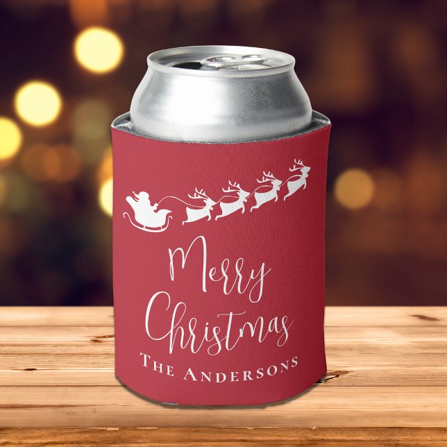 Merry Christmas Santa Reindeer Red Can Cooler (Creator Uploaded)