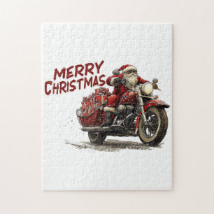 Merry Christmas Santa Riding on a vintage motorcyc Jigsaw Puzzle