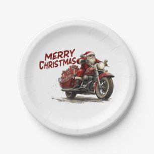 Merry Christmas Santa Riding on a vintage motorcyc Paper Plate