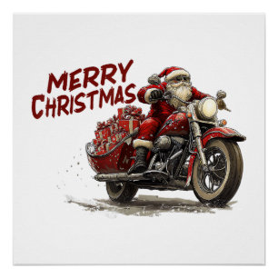 Merry Christmas Santa Riding on a vintage motorcyc Poster