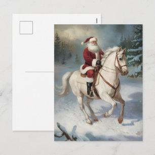 Merry Christmas Santa Riding White Horse Snowing   Holiday Postcard
