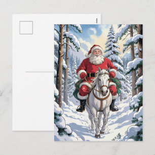 Merry Christmas Santa Riding White Horse Snowing   Holiday Postcard