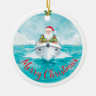 Merry Christmas Santa Sailing on a Yacht Ceramic Ornament