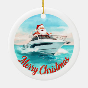 Merry Christmas Santa Sailing on a Yacht Ceramic Ornament