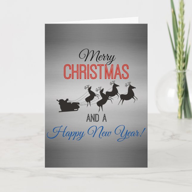 Merry Christmas Santa Sleigh and Reindeer Team Holiday Card (Front)