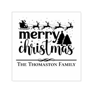 Merry Christmas Santa Sleigh Fir Trees Family Name Self-inking Stamp