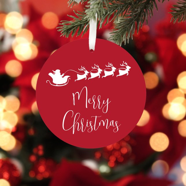 Merry Christmas Santa Sleigh Personalized Red Metal Ornament (Creator Uploaded)