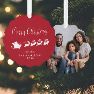 Merry Christmas Santa Sleigh Photo Red Ornament Card