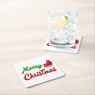 Merry Christmas Santa Sleigh red green script  Square Paper Coaster