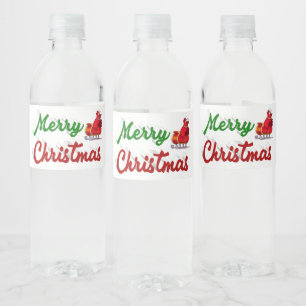 Merry Christmas Santa Sleigh red green script Water Bottle Label