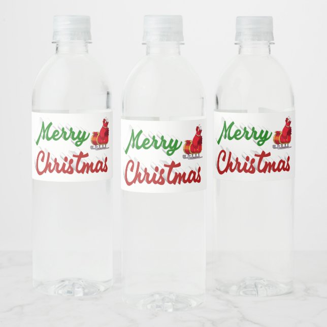 Merry Christmas Santa Sleigh red green script Water Bottle Label (Bottles)