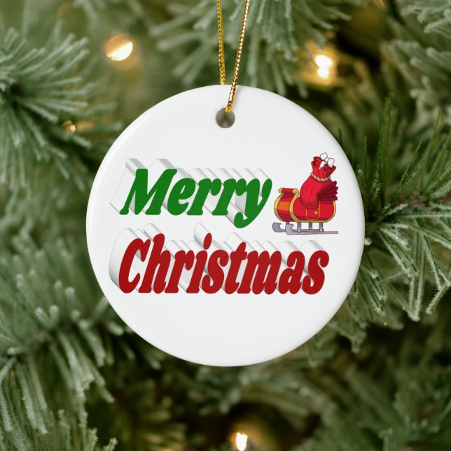 Merry Christmas Santa Sleigh red green typography Ceramic Ornament (Tree)